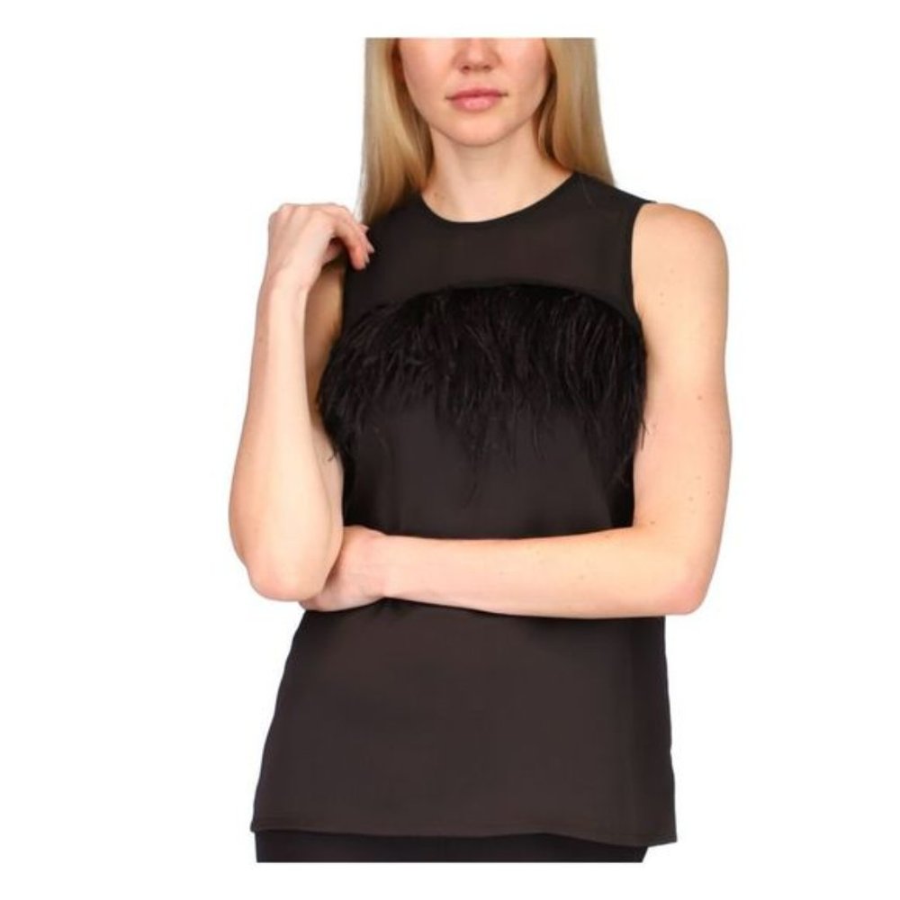 Michael Kors Womens Black Feathered Darted Sheer Yoke Keyhole Closure Sleeveless